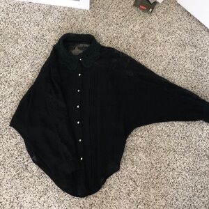 Black Lace Button Up Collared Blouse